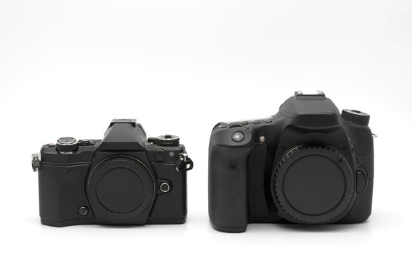 Body of Mirrorless Camera and DSLR Camera Isolated on White Background