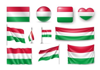 Set Hungary flags, banners, banners, symbols, flat icon. Vector illustration of collection of national symbols on various objects and state signs