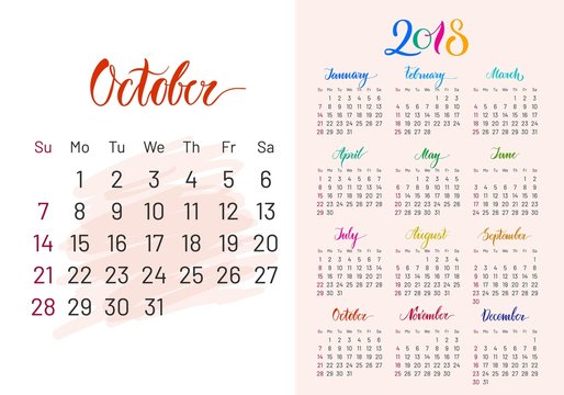 Colorful planner, 2018, October separately, white-blue background, lettering, artboard. Stylish annual calendar for modern people. Vector illustration of chart