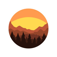 Minimalistic round icon with silhouette of pine forest, mountain ridge and beautiful evening sky. Natural scenery with sunset. Flat vector design for poster