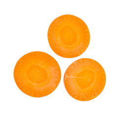 close up top view of fresh carrot slice isolated on white background, File contains a clipping path.