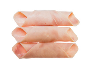 Top view ham sliced roll isolated on white background, File contains a clipping path.
