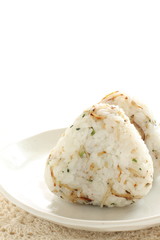Japanese food, spicy small sardines shirasu in rice ball