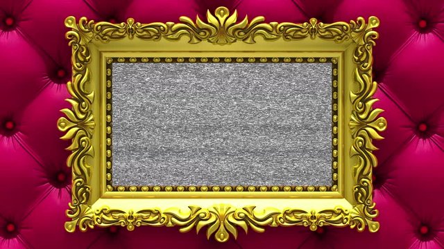 Camera zoom into the gold picture frame on background of luxury red upholstery. Tv noise and green chroma key plays on the screen. 3D animation.