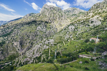 Fototapeta na wymiar Mountains above path from Kotor town to Zanjev Do village in Montenegro