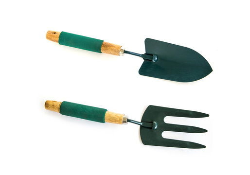 Set Hand fork and Trowel green is agricultural tool. Used in shoveling soil and plant a tree. isolated on white background.