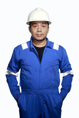 Portrait of an asian man engineer contractor with white background