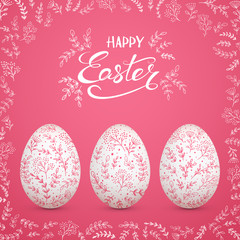 Easter eggs with decorative floral elements on pink background