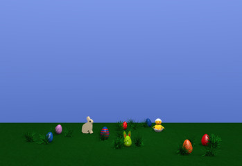 Fototapeta premium Osterlandschaft mit Häschen, Küken, bunten Eiern, Osterhasen und Grasbüscheln auf grüner wiese mit blauem Himmel. 3d render