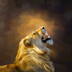 A gorgeous painted roaring lion with a grunge abstract brown background.