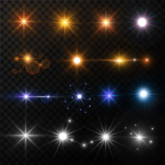 Light and stars shine lens flare sun beams glowing sparkles vector isolated gold and neon icons