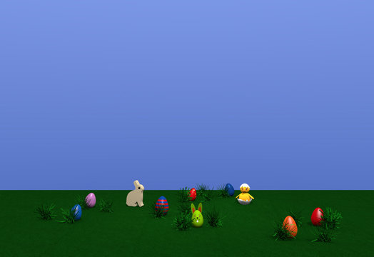 Osterlandschaft mit Häschen, Küken, bunten Eiern, Osterhasen und Grasbüscheln auf grüner wiese mit blauem Himmel. 3d render