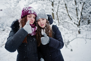 Two funny girls friends having fun at winter snowy day near snow covered trees.