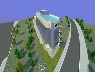 Imaginary data center building with photovoltaic facades 3D illustration. Architectural model, top view. Collection.