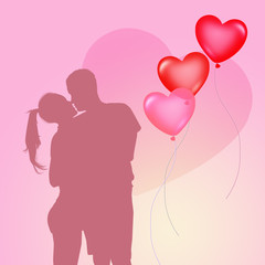 couple kissing and hearts balloons