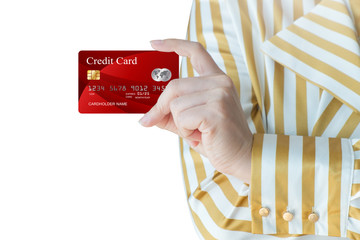 working women hand holding realistic credit card of isolated white background for copy space