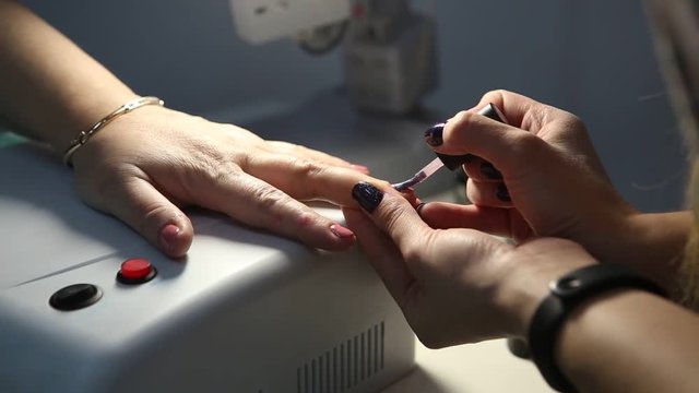 Manicour. Nail coating with gel-varnish. ultraviolet lamp for nails.