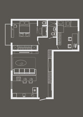 linear architectural sketch plan of standart two bedroom apartment on gray background