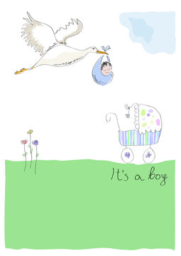 Stork carrying a baby. New birth announcement. It's a boy.  Vector illustration made by a child.