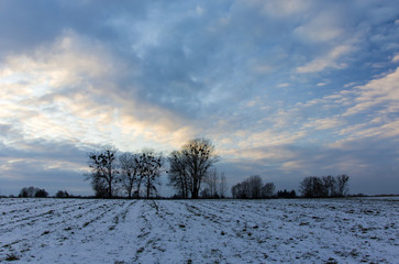 Colorful clouds over a snowy field