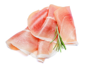 Italian prosciutto crudo or spanish jamon. Raw ham on white background.