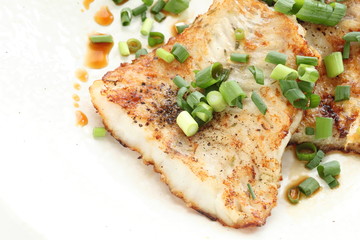 Chinese food, pan fried white fish and scallion