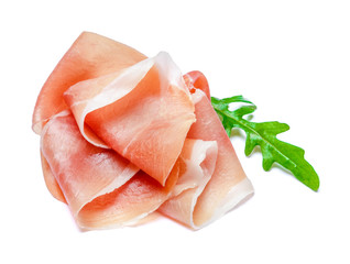 Italian prosciutto crudo or spanish jamon. Raw ham on white background.
