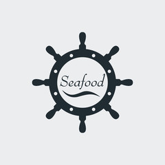 Icono plano con texto Seafood y ola en timón en fondo gris