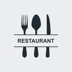 Icono plano RESTAURANT en cubiertos en fondo gris