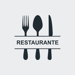 Icono plano RESTAURANTE en cubiertos en fondo gris