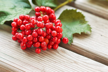Bunch of viburnum with leaves on wooden background, fresh red berries. The concept of healthy eating. Natural organic food.