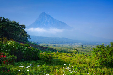 Breakfast at luxury camp overlooking a volcano in the Virunga National Park in the Democratic...