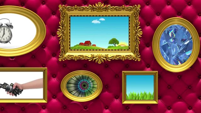 Picture gallery 3d animation. Gold picture frames on luxury red upholstery background. Various videos is playing in these frames. Camera moves along the wall, seamless loop.