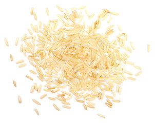 Integral, long grain brown rice pile isolated on white background, top view