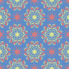 Floral blue seamless pattern. Bright background with colored flower elements