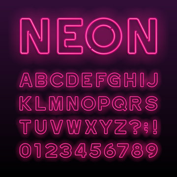 Purple neon tube alphabet font. Neon color letters, numbers and symbols. Stock vector typeface for any typography design.