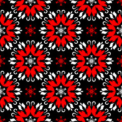 Seamless pattern with flowers. Black red white background