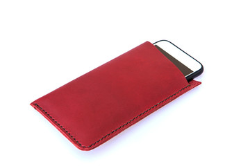 Cellphon and beautiful leather case on white background with clipping path.