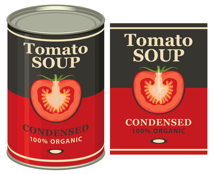 Vector illustration of tin can with a label for the condensed tomato soup with the image of a cut tomato