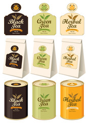 Set of vector banners and labels for various tea with the image of tea leaves on the twig and calligraphic inscriptions. Paper 3D packages and tin cans with this labels for black, green and herbal tea