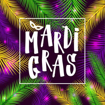 Mardi gras invitation card on palm background