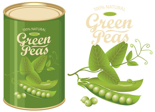 Vector illustration of green tin can with a label for canned green peas with the realistic image of pea pods, tendrils and leaves and calligraphic inscription