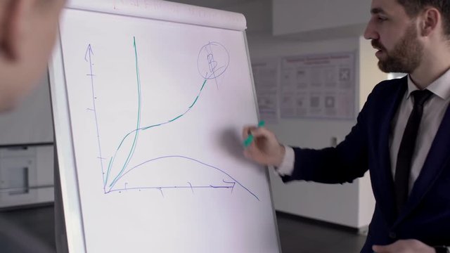 On a white board businessman draws a marker of the bitcoin growth graph. In office financial consultant conducts a conversation with people about effectiveness of investing finance in foreign exchange