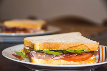 sandwich with prosciutto tomato and green salad on  bright plate