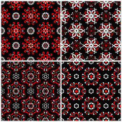 Seamless backgrounds. Black white and red classic sets with floral patterns