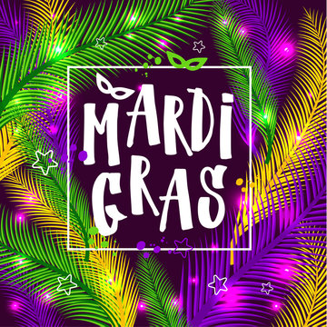 Mardi gras invitation card on palm background