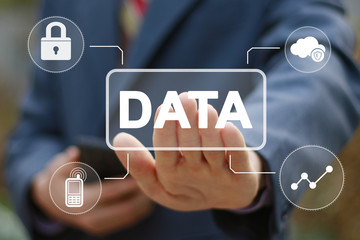 Businessman presses button data online network icon.