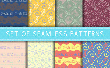 Geometric seamless patterns. Collection of colored backgrounds