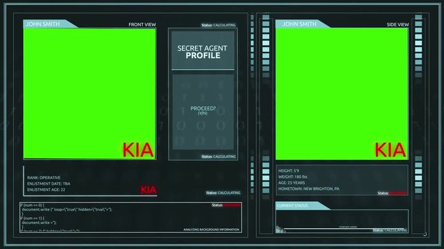 Green Screen Generic Futuristic Secret Agent Operative Profile Interface - KIA 