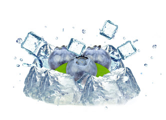 blueberries and ice splashing water isolated on white